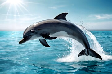 Obraz premium An Inspiring New Visual of a Playful Dolphin Defying Gravity, Leaping Elegantly From the Beautiful Blue Sea Towards the Blue Sky.