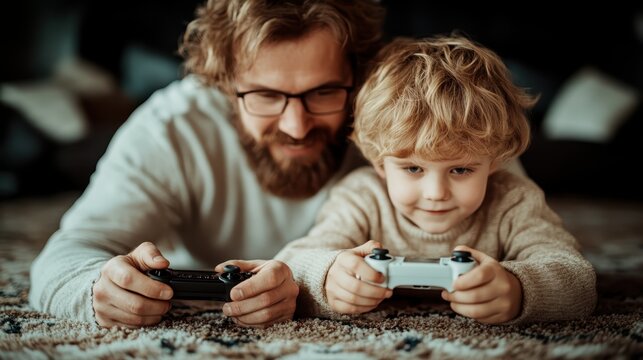 A joyful moment captured between a father and his young son as they lie on the floor, deeply engaged in a video game while fostering their bond through playful competition.