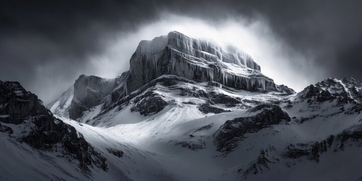 Spectacular view of a snow-capped mountain range under a dramatic sky