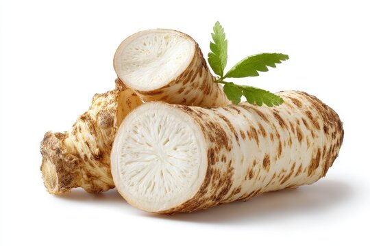 Half of fresh horseradish root and cut slices on white background