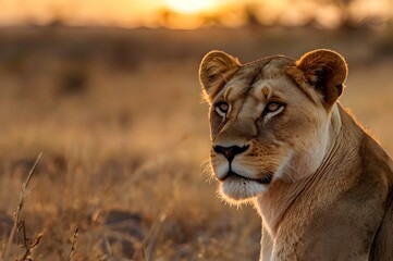 Obraz premium New and Evocative: A Striking Image of a Lone Female Lioness Face Posing Elegantly in a Forest Setting at Dusk.