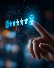 Close-up of a hand pressing a star rating on a digital interface, representing positive feedback and customer satisfaction.