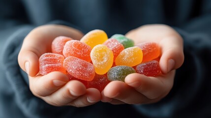 A joyful display of colorful gummy candies held in hands, representing sweetness and playfulness, perfect for celebrating moments with friends and family.
