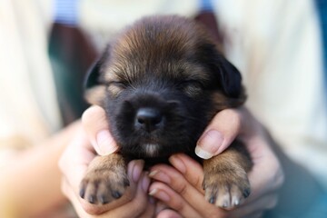 A puppy sleeps in the warm hands of its owner.