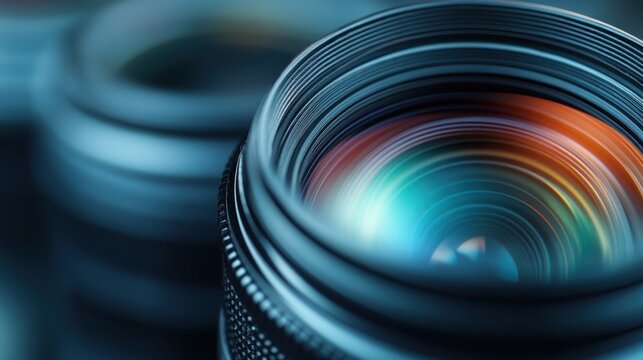 An artistic close-up photograph of a camera lens showcasing vibrant reflections and intricate details, capturing the essence of photography and creativity in a mesmerizing way.