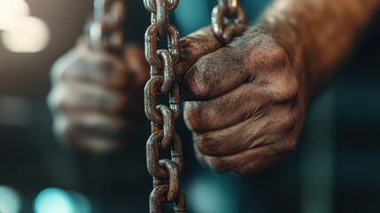 A powerful close-up image of dirty hands gripping rusted chains, symbolizing hard work, determination, and the human spirit in the face of adversity and challenge.