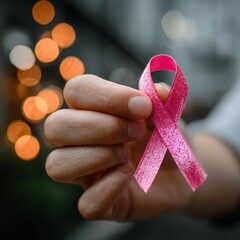 Close-up of a hand gently holding a pink ribbon, symbolizing breast cancer awareness and support.