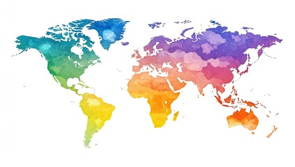 World map, watercolor style, vibrant colors