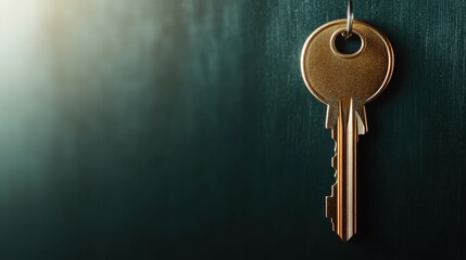A close-up of a sleek golden key hanging against a dark background, symbolizing access and mystery. An essential item filled with potential and unanswered questions.