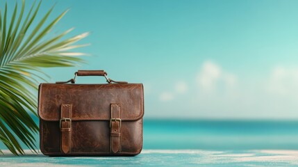 A stylish vintage leather briefcase resting on a serene tropical beach, evoking a sense of adventure and escape. A perfect blend of work and relaxation.
