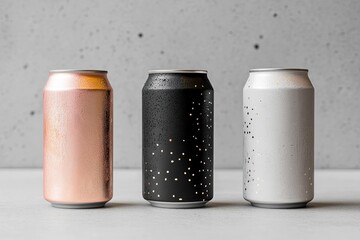 Three beverage cans, rose gold, black, and white, stand in a row against a gray concrete backdrop