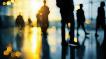 Blurred Silhouettes Walking in Modern Building with Bright Backlighting and Reflections - Powered by Adobe