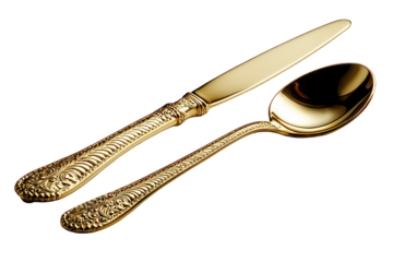 Gold-plated dinner knife and spoon, ornate handles