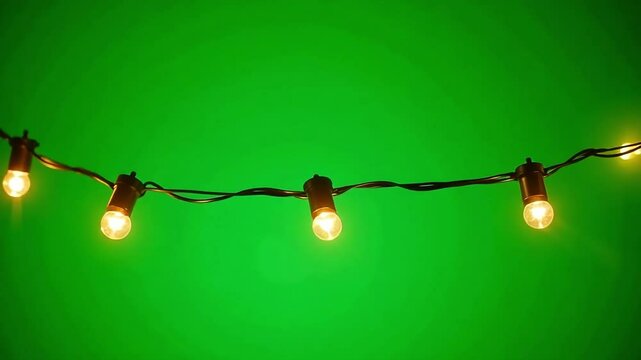 Vintage string lights on green screen background, glowing Edison bulbs hanging on black wire, warm decorative party lighting for video compositing
