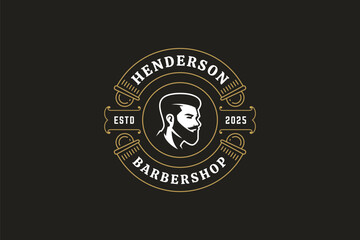Retro barbershop logo featuring bearded male profile, elegant circular badge, bold typography and vintage grooming style for branding design. Vector illustration