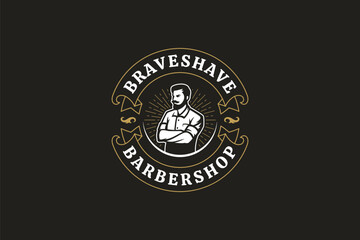 Classic retro barbershop emblem featuring a strong male barber with crossed arms, elegant design elements, and banner text for modern grooming and professional business branding. Vector illustration