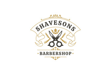 Classic retro barbershop logo design with scissors, razor, and crown. Ideal for branding professional grooming services, hairdressing businesses, and logos. Vector illustration