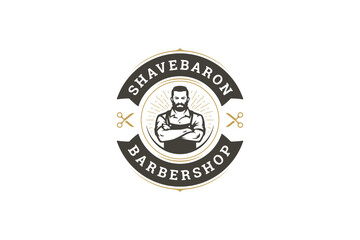 Classic retro logo design with a strong bearded male barber character, scissors, and vintage style. Perfect for branding barbershops, grooming, and hairdressing services. Vector illustration