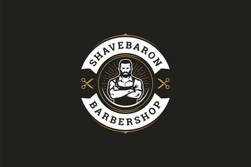 Vector illustration featuring a retro barber shop logo with a male grooming emblem, scissors, and beard design. Ideal for business services and fashion branding.