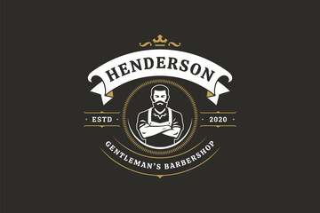 Classic barber shop logo featuring a confident male barber with beard, vintage elements, and elegant typography. Perfect for grooming services, hairdressing, and fashion business. Vector illustration