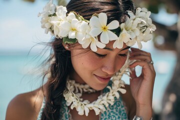 Naklejka premium Hawaiian woman displaying a garland of white plumeria blooms