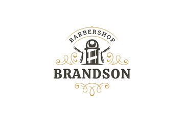 Classic retro barbershop logo design featuring a barber pole, razor, and ornate elements. Perfect for branding grooming services, hairdressing, and barbershop businesses. Vector illustration