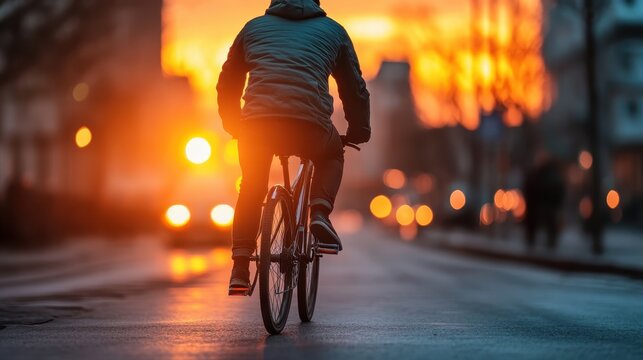 A lone cyclist pedals away into the horizon as the sun sets, portraying a sense of freedom and adventure in a bustling urban environment filled with warm light and reflections. - Powered by Adobe