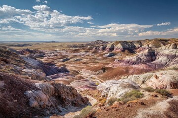 Obraz premium Enjoying the stunning views of Petrified Forest National Park where eroded colors shine Blue Mesa features a lovely hiking trail through bentonite clay badlands