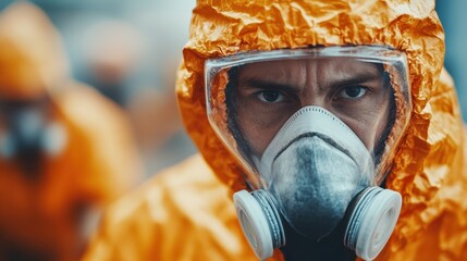 A determined hazmat worker wearing a bright orange suit and mask, reflecting focus and professionalism in a high-stakes environment for safety and health.