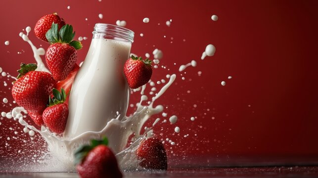 A dynamic and colorful image depicting fresh strawberries splashing into milk, illustrating a joyful and refreshing theme of indulgence and purity in culinary art.