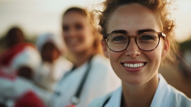 A healthcare professional with glasses and a warm smile, exuding confidence and care, captured in a friendly environment that signifies dedication and compassion.