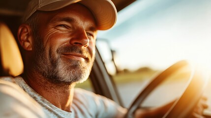 A content man enjoys driving his vehicle while basking in the glow of a sunset, reflecting feelings of freedom, joy, and peace as he navigates the open road.