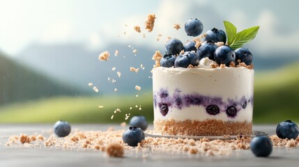 An exquisite blueberry cheesecake garnished with fresh berries and a sprinkle of crumbs, beautifully showcased against a breathtaking natural backdrop, tempting desserts lovers.