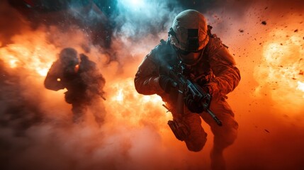 Fototapeta premium Two soldiers navigating through a smoke-filled battlefield, illuminated by orange explosions, showcasing the raw intensity and chaos of modern warfare and heroism.