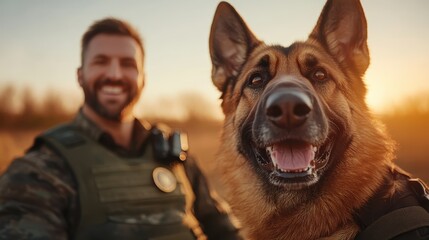 A joyful scene shows a man with his loyal German Shepherd in a sunny outdoor setting, portraying a beautiful friendship and the connection between humans and pets.