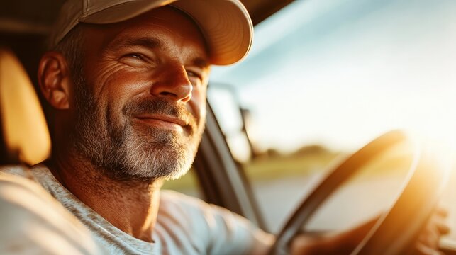 A content man enjoys driving his vehicle while basking in the glow of a sunset, reflecting feelings of freedom, joy, and peace as he navigates the open road.
