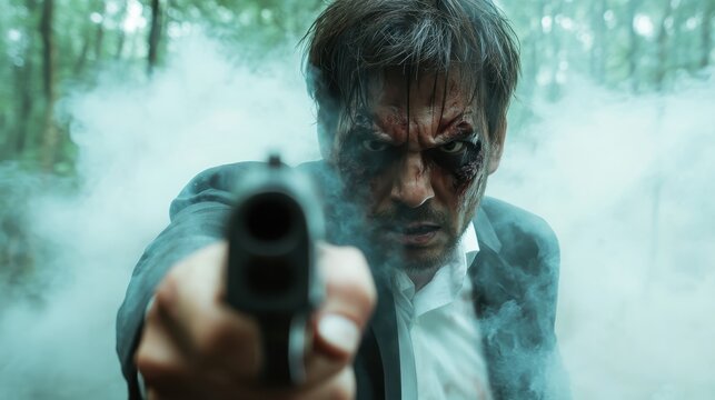 A dramatic scene featuring a man armed with a gun, amidst smoke and a dense forest backdrop, capturing tension, fear, and a narrative of conflict and danger.
