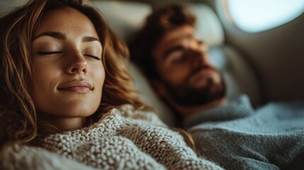 A captivating moment of a couple peacefully napping together, embodying love and comfort, surrounded by a warm and cozy atmosphere perfect for travel-themed projects.