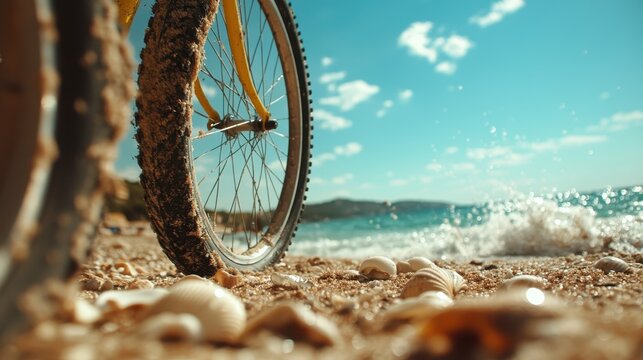 A close-up of a bicycle wheel resting on a sandy beach, surrounded by delicate seashells, with a serene blue ocean and clear sky in the background, evoking a sense of freedom and adventure.