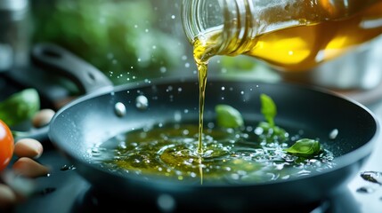 This enticing image captures the act of pouring golden olive oil into a pan with fresh herbs, symbolizing the essence of healthy cooking and culinary passion.