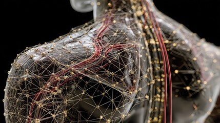 3D nanotech visual of responsive smart fabric adjusting to body posture, temperature changes, and wearable power flow using embedded quantum mesh 