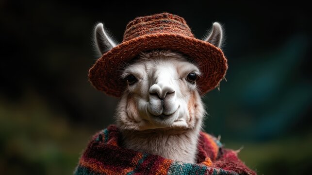 A charming llama wearing a colorful hat and shawl, exuding a playful personality and a whimsical charm that captivates anyone who encounters this adorable animal.