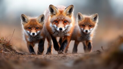 Obraz premium A family of three foxes walks together through a misty wilderness, showcasing their enchanting presence in nature and emphasizing themes of family and wildlife.