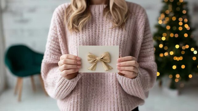 Woman Holding Gift Card in Festive Living Room with Christmas Tree