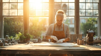 A focused artisan in an airy studio, skillfully crafting art, surrounded by natural light and greenery, capturing the essence of creativity and craftsmanship.