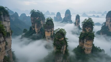 Zhangjiajie National Forest Park, China's unique quartzite sandstone pillars and misty landscape - Powered by Adobe