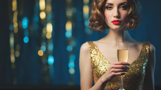 Woman in Gold Dress Holding Champagne Flute in Front of Blue Glittering Lights