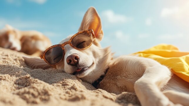 A cheerful dog lounging on the sand with stylish sunglasses, embodying a carefree and playful spirit on a sunny beach, perfect for summer vibes.