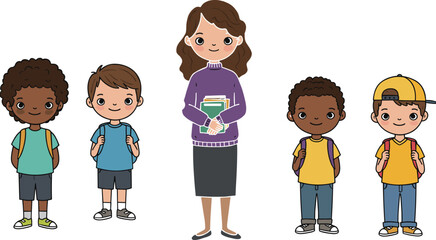 Teacher with diverse students cartoon illustration, school education concept, kids with backpacks, classroom setting, happy children learning, educational vector graphic for academic