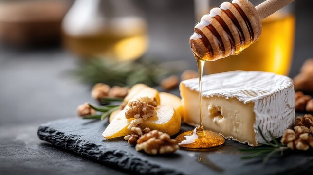 A visually enticing arrangement featuring brie cheese, drizzled honey, walnuts, and slices of fresh pear, creating a perfect snack for cheese lovers and food enthusiasts.